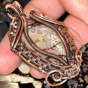 Copper Wire- Wrapped “The Laughter Stone” Crazy Lace Laguna Pendant 2 1/2”